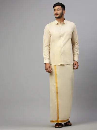 Men Tissue Gold Dhoti & Shirt Set